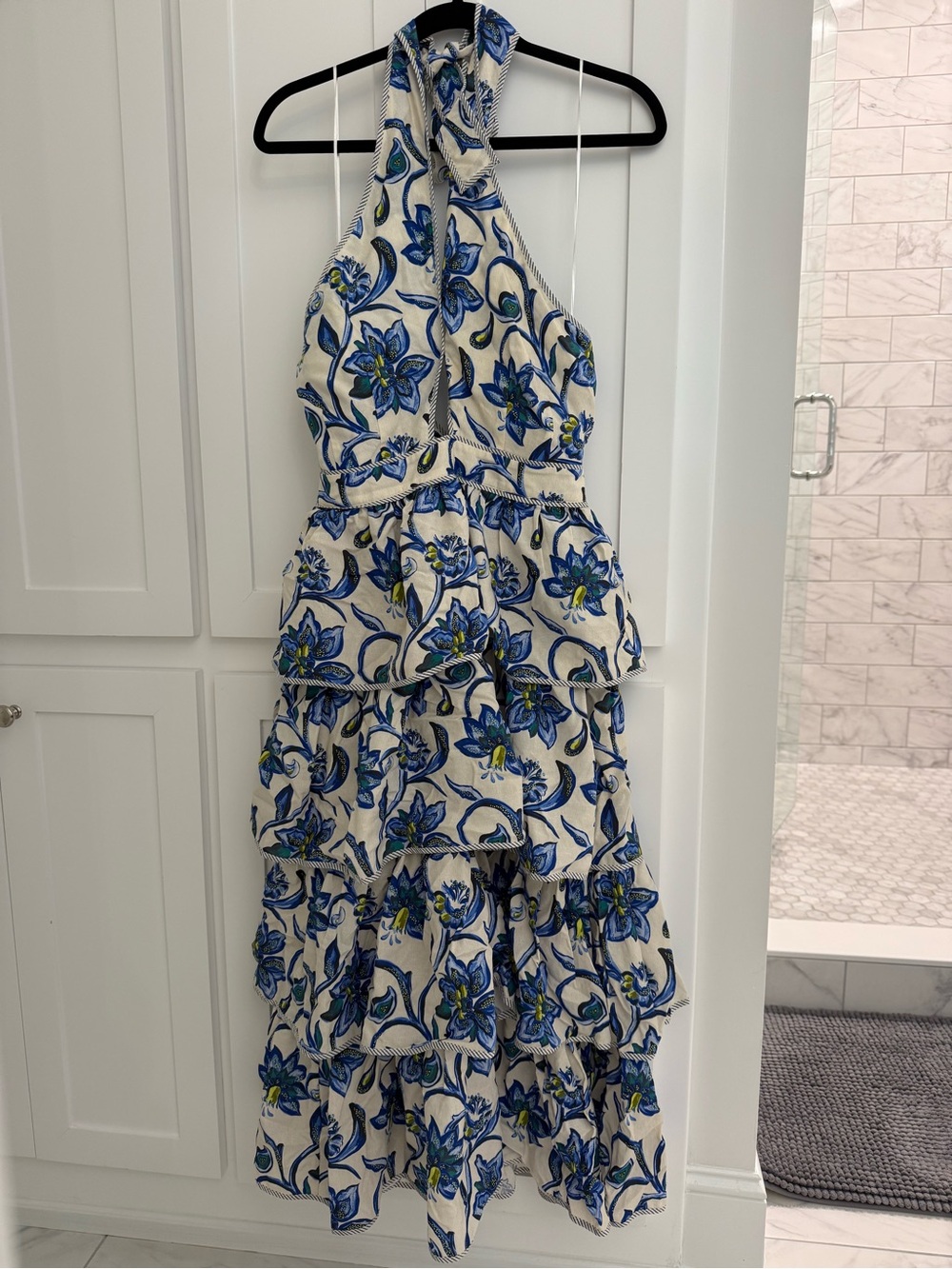 HUNTER BELL Tiered Halter Dress with Blue Floral Print